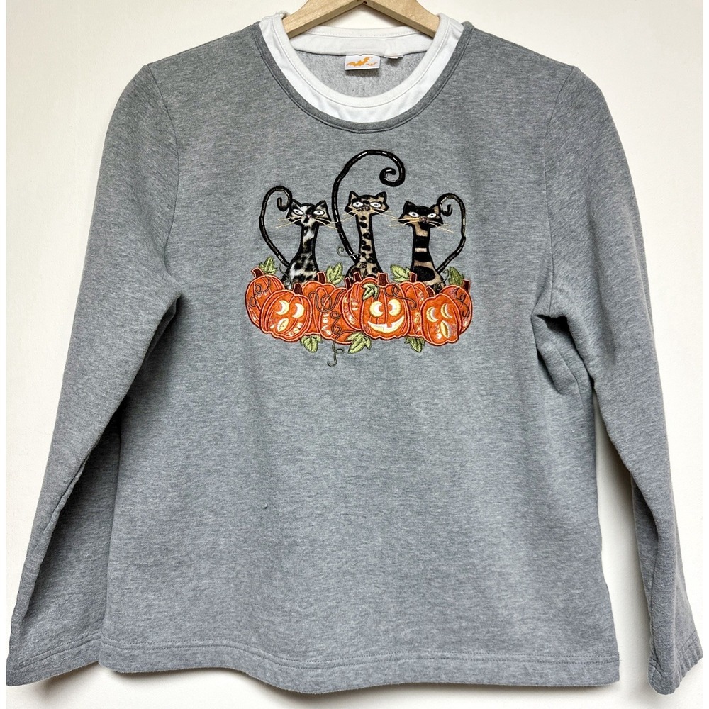 KidsvVintage Large Halloween Sweatshirt Embroidered Cats Pumpkin Gray 12/14